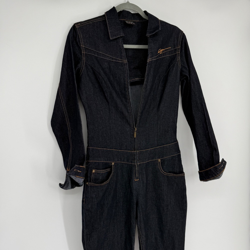 Y2K FUBU Women Denim Jumpsuit Indigo Blue Long Sleeve Zip Front 7/8